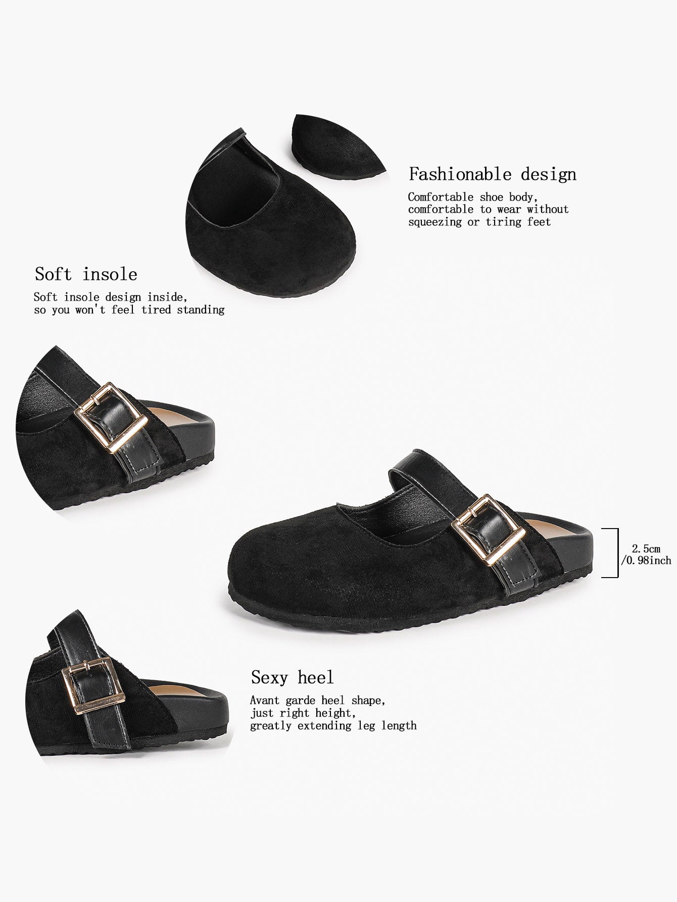 Black Suede Mary Jane Mule with Gold-Tone Buckle and Cushioned Sole