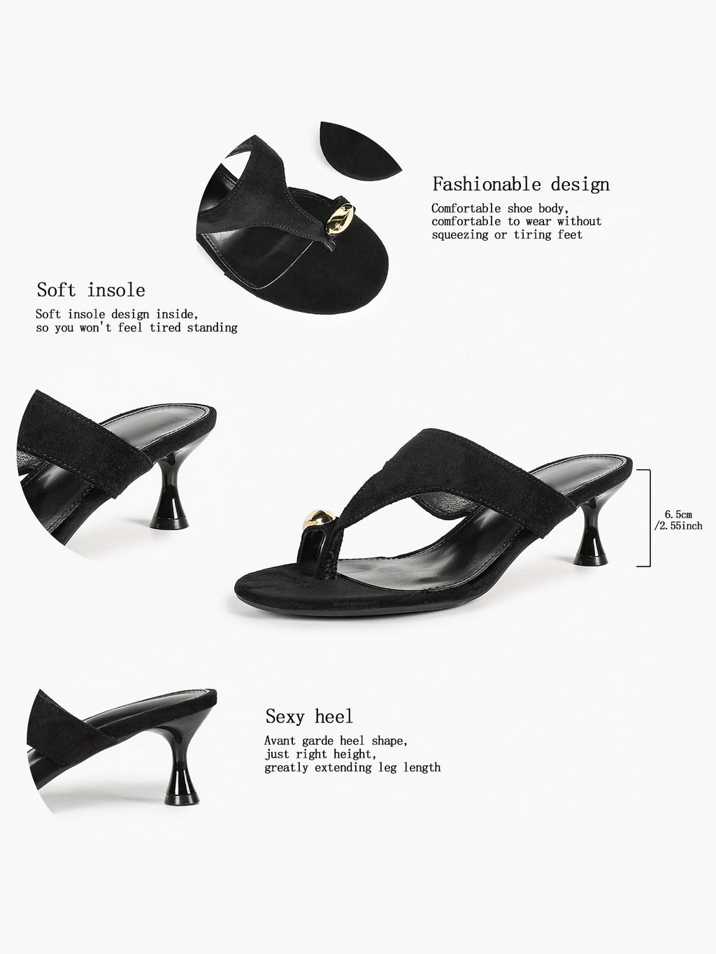 Black Suede T-Strap Thong Mule Sandals Gold Oval Metal Detail Kitten Heels Slip-On Soft Insole