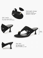 Black Suede T-Strap Thong Mule Sandals Gold Oval Metal Detail Kitten Heels Slip-On Soft Insole