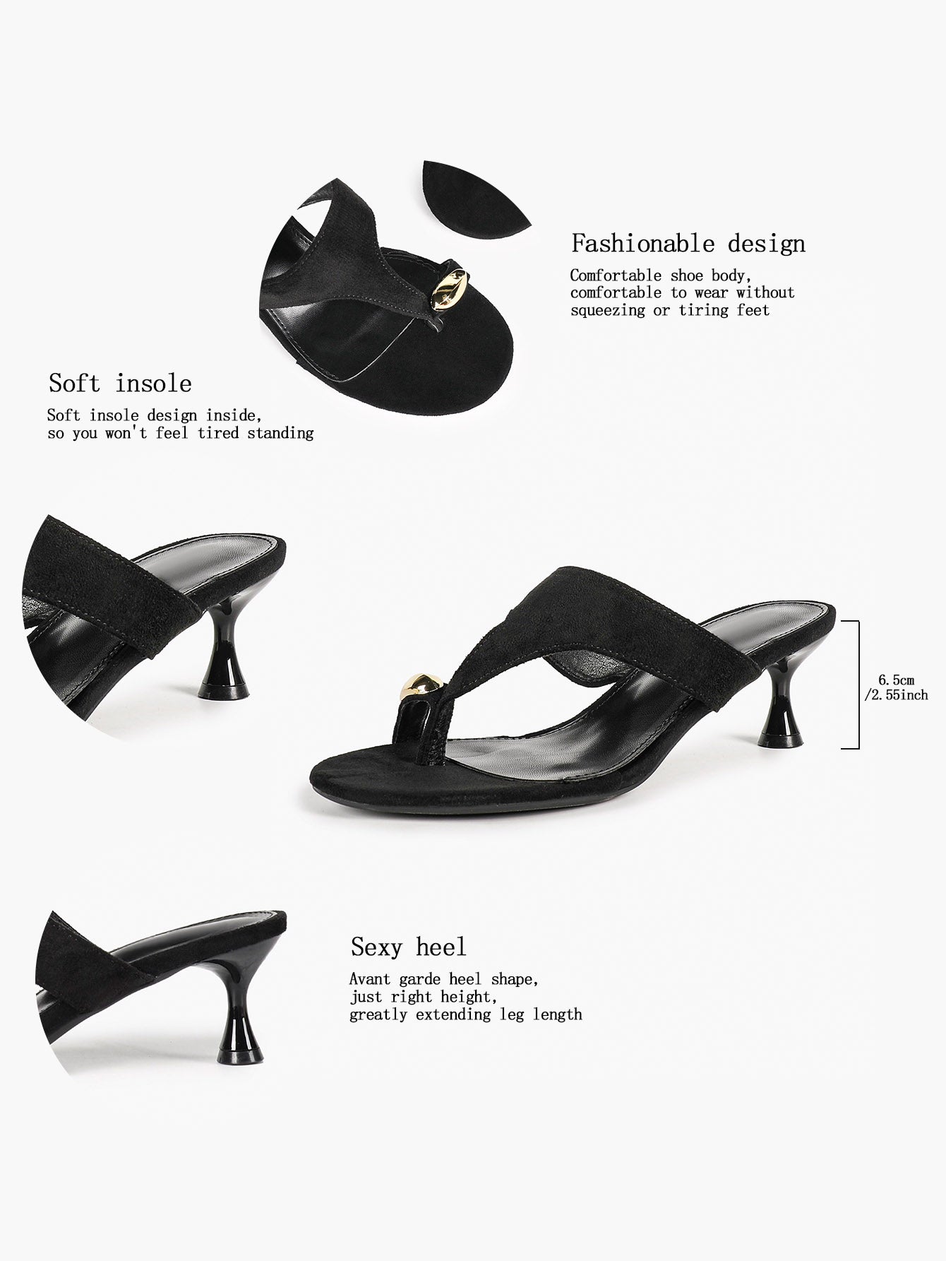 Black Suede T-Strap Thong Mule Sandals Gold Oval Metal Detail Kitten Heels Slip-On Soft Insole