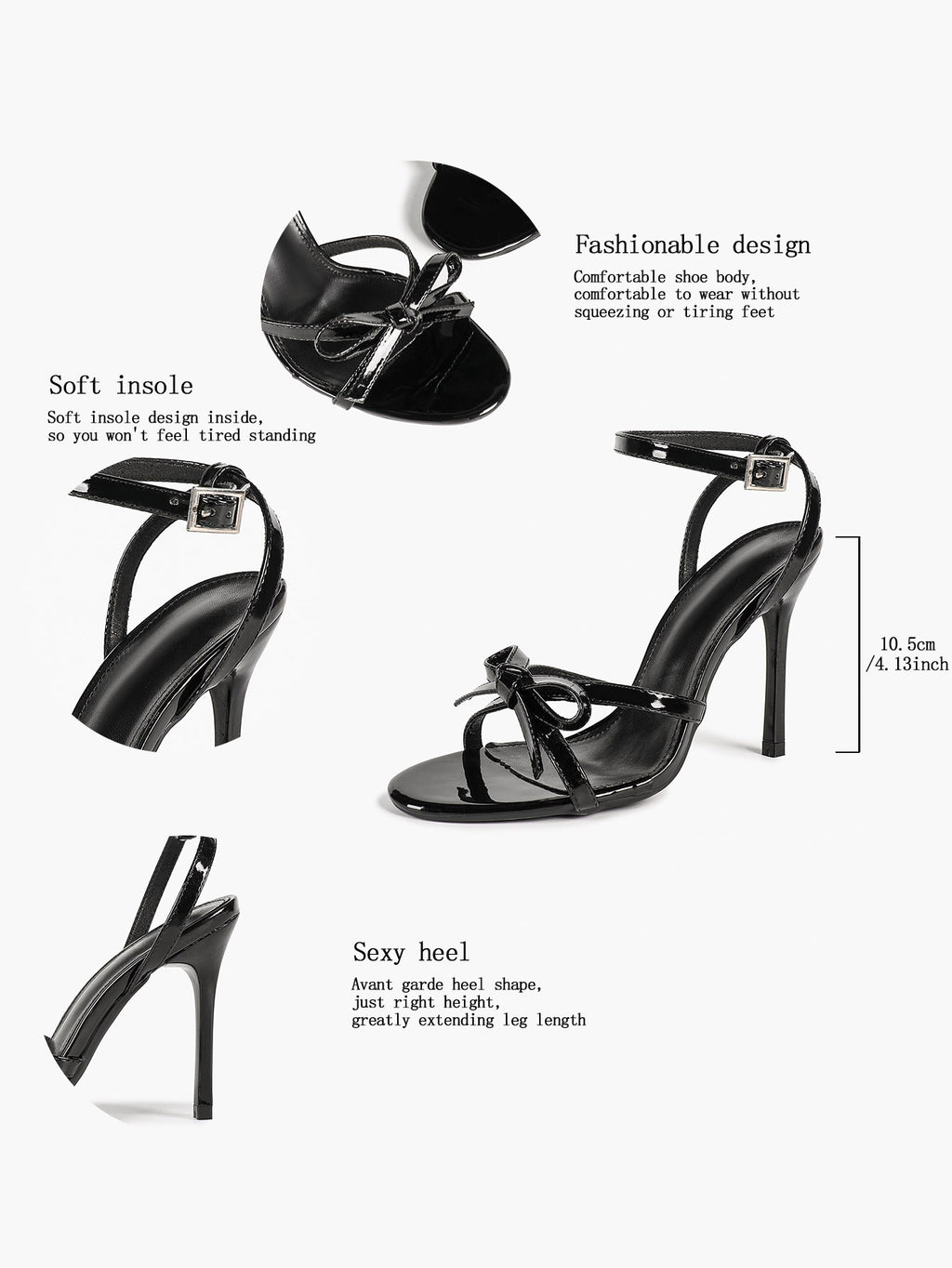 Architectural Bow Stilettos: Glossy Black Multi-Strap Heels for Modern Chic