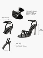 Architectural Bow Stilettos: Glossy Black Multi-Strap Heels for Modern Chic