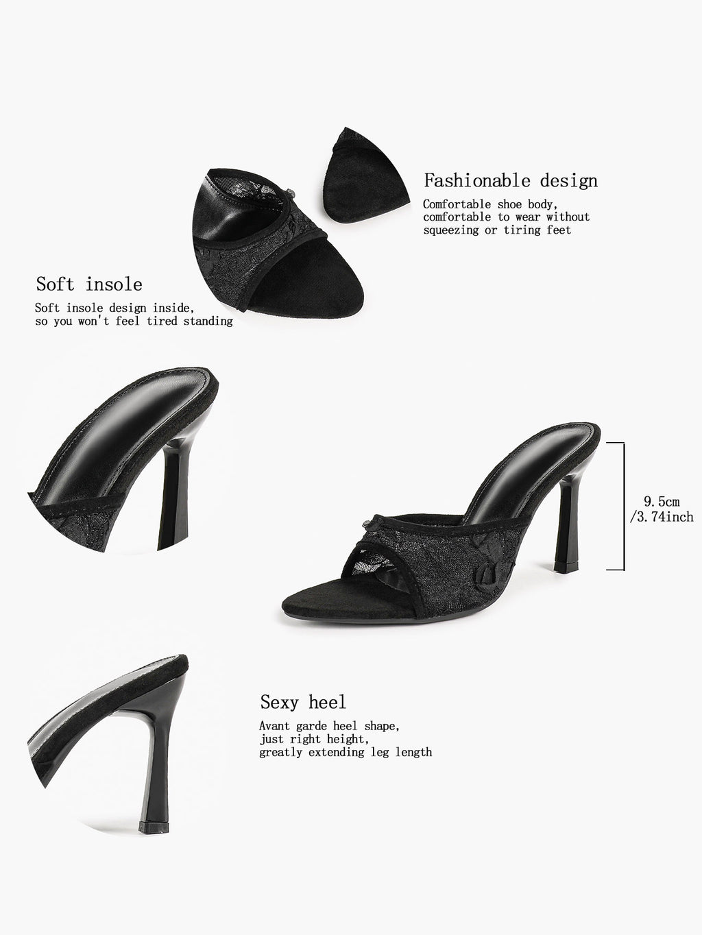 Pink Lace Embroidered Pointed Toe Mule Heels Slip-On Wide Strap Block Heels with Soft Insole