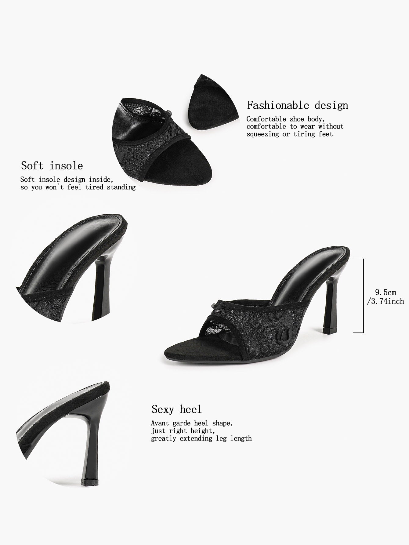 Pink Lace Embroidered Pointed Toe Mule Heels Slip-On Wide Strap Block Heels with Soft Insole