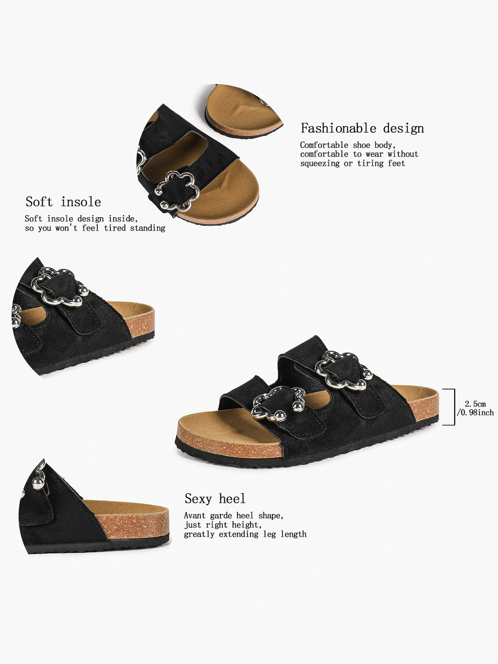Black Suede Double-Buckle Slides with Silver-Tone Floral Hardware
