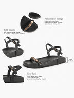 Black Leather Flat Sandals with Gold Coin Detail and Ankle Strap Summer Vacation