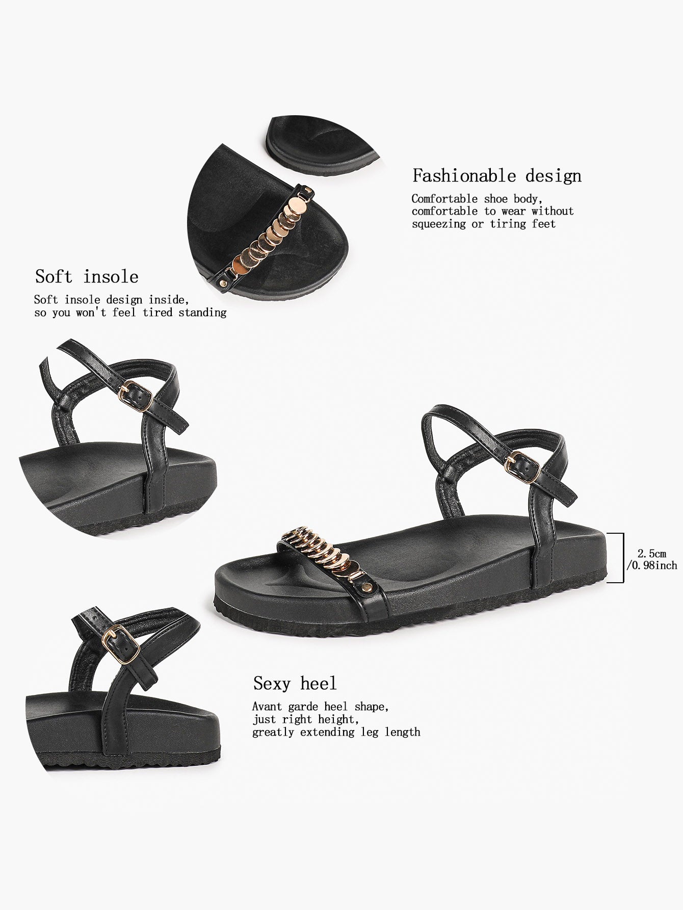 Black Leather Flat Sandals with Gold Coin Detail and Ankle Strap Summer Vacation