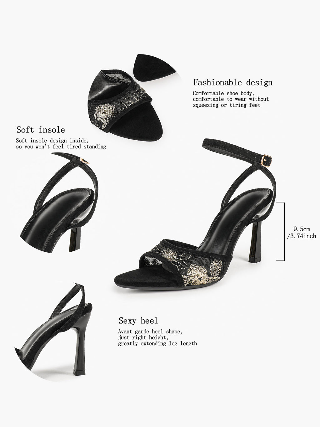 The Moonlight Muse: White Mesh Embroidered Strap Heels with a 3.74" Sculpted Heel