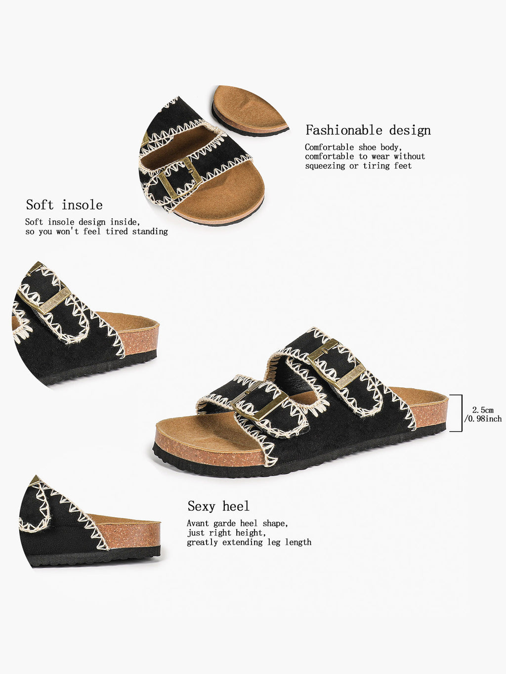 Taupe Suede Slides with Contrast Whipstitch Trim and Gold-Tone Buckles