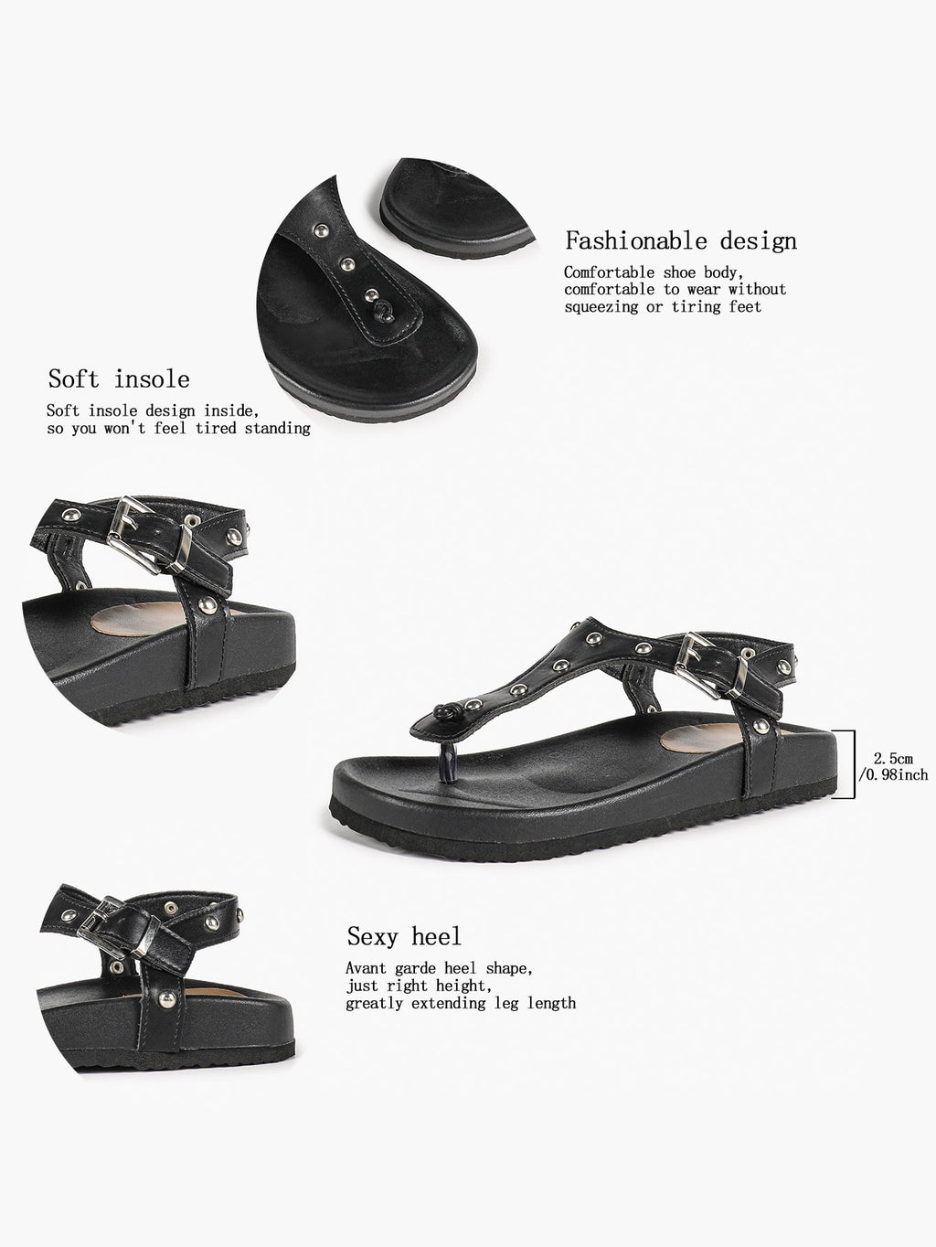 Black Leather T-Strap Sandals with Silver Stud Details and Ankle Buckle