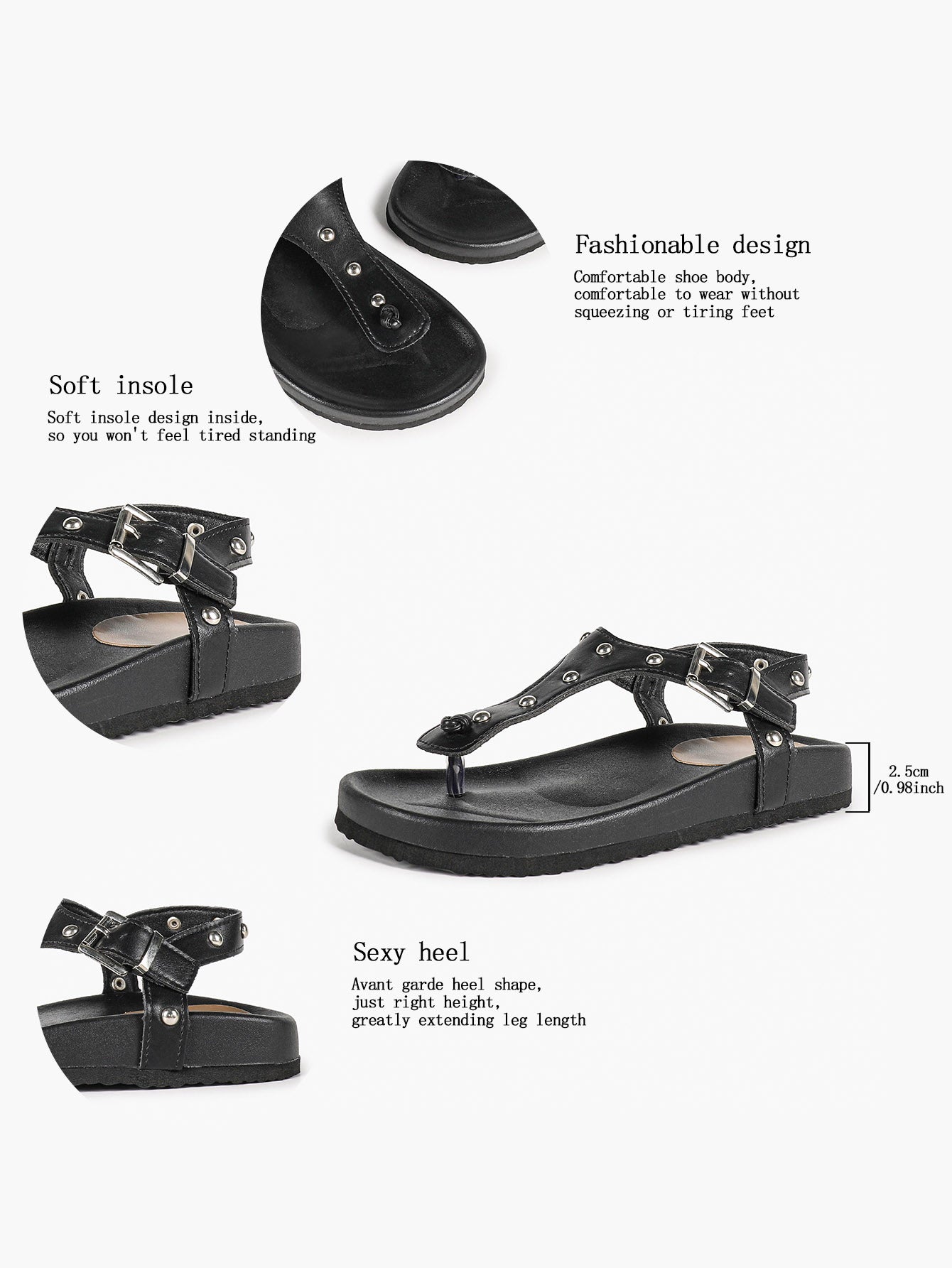 Black Leather T-Strap Sandals with Silver Stud Details and Ankle Buckle