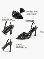 Urban Lattice: Black Patent Cage-Strap Stilettos for the Modern Power Woman