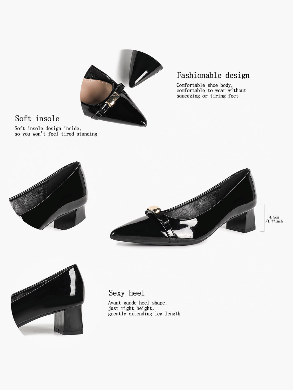 Black Patent Pointed-Toe Heels with Gold-Tone Metal Accent and Block Heel
