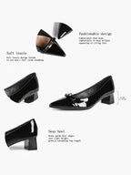 Black Patent Pointed-Toe Heels with Gold-Tone Metal Accent and Block Heel