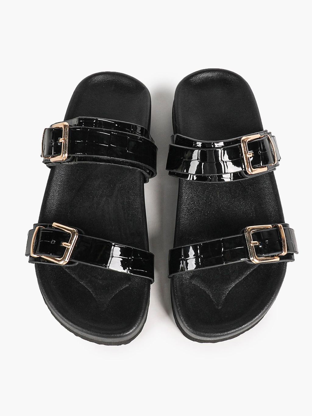 Black Patent Croc-Embossed Double Buckle Slide Sandals