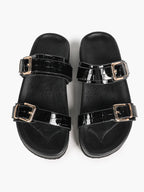 Black Patent Croc-Embossed Double Buckle Slide Sandals