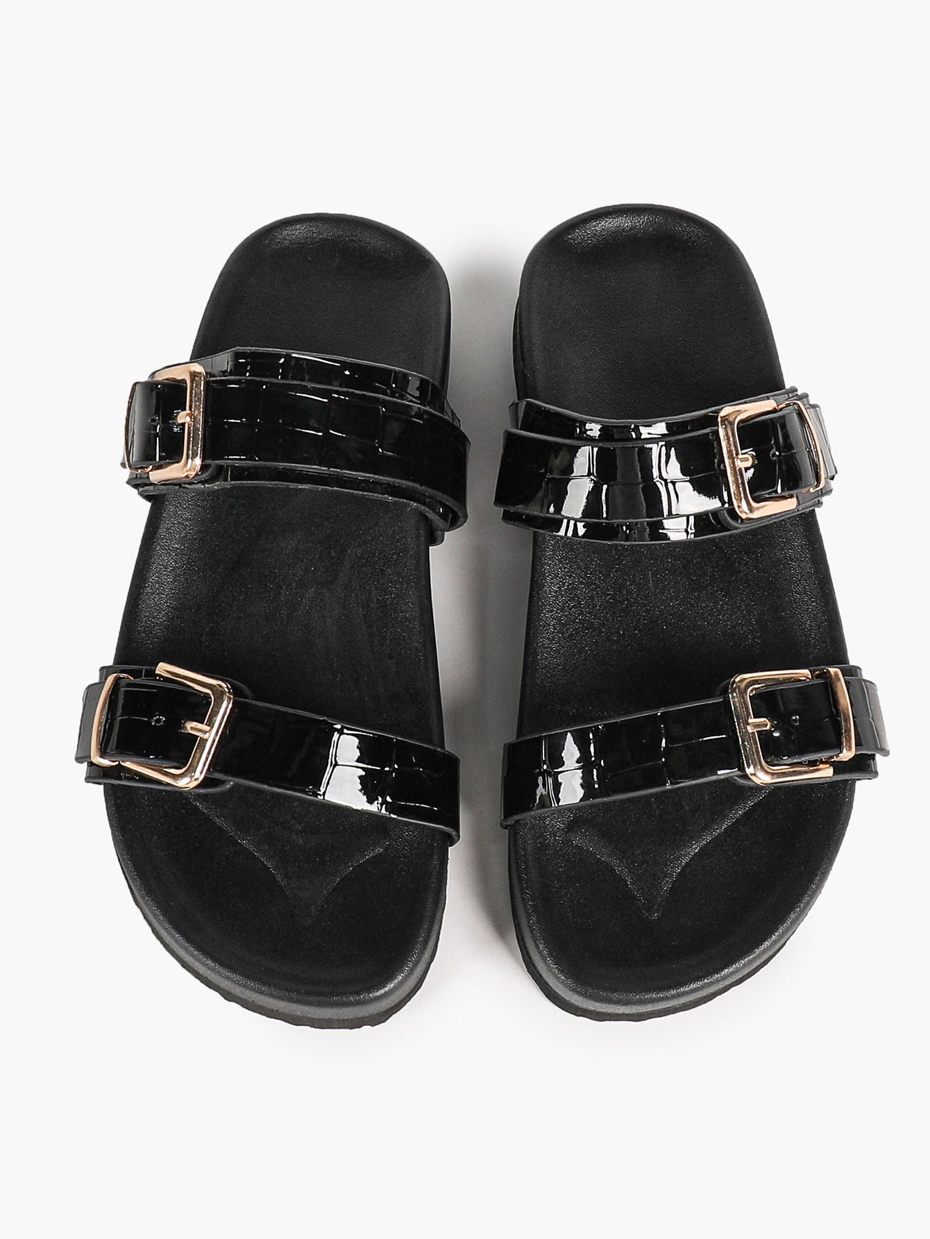 Black Patent Croc-Embossed Double Buckle Slide Sandals