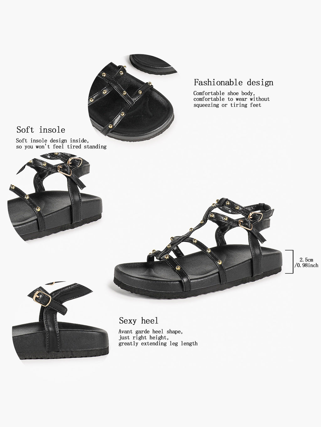 Black Strappy Gladiator Sandals with Secure Dual Buckle Fit and Soft Footbed