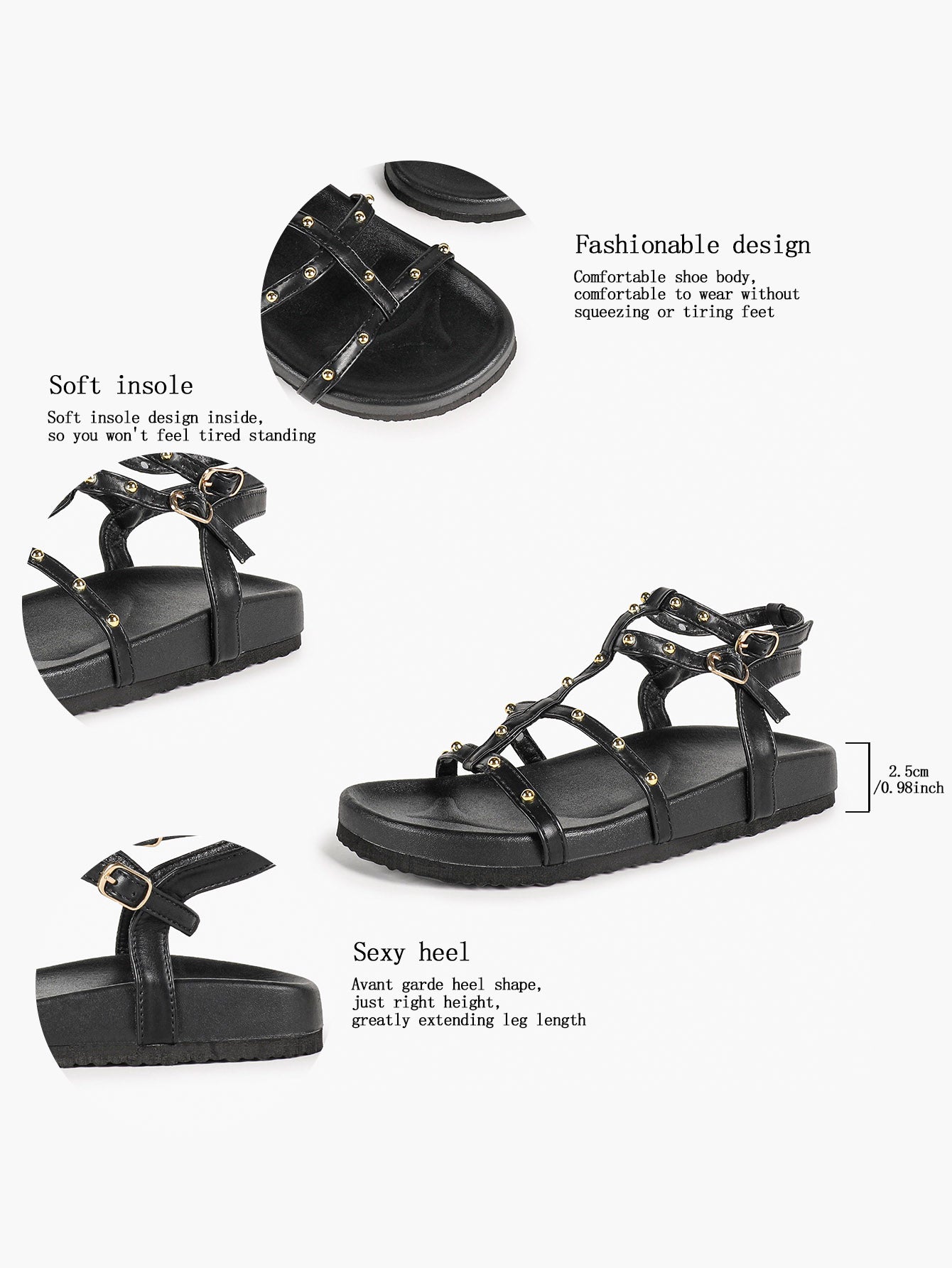 Black Strappy Gladiator Sandals with Secure Dual Buckle Fit and Soft Footbed