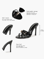 Black Croc-Embossed Patent Leather Strappy Mule Sandals Metal Buckle Detail High Stiletto Heels