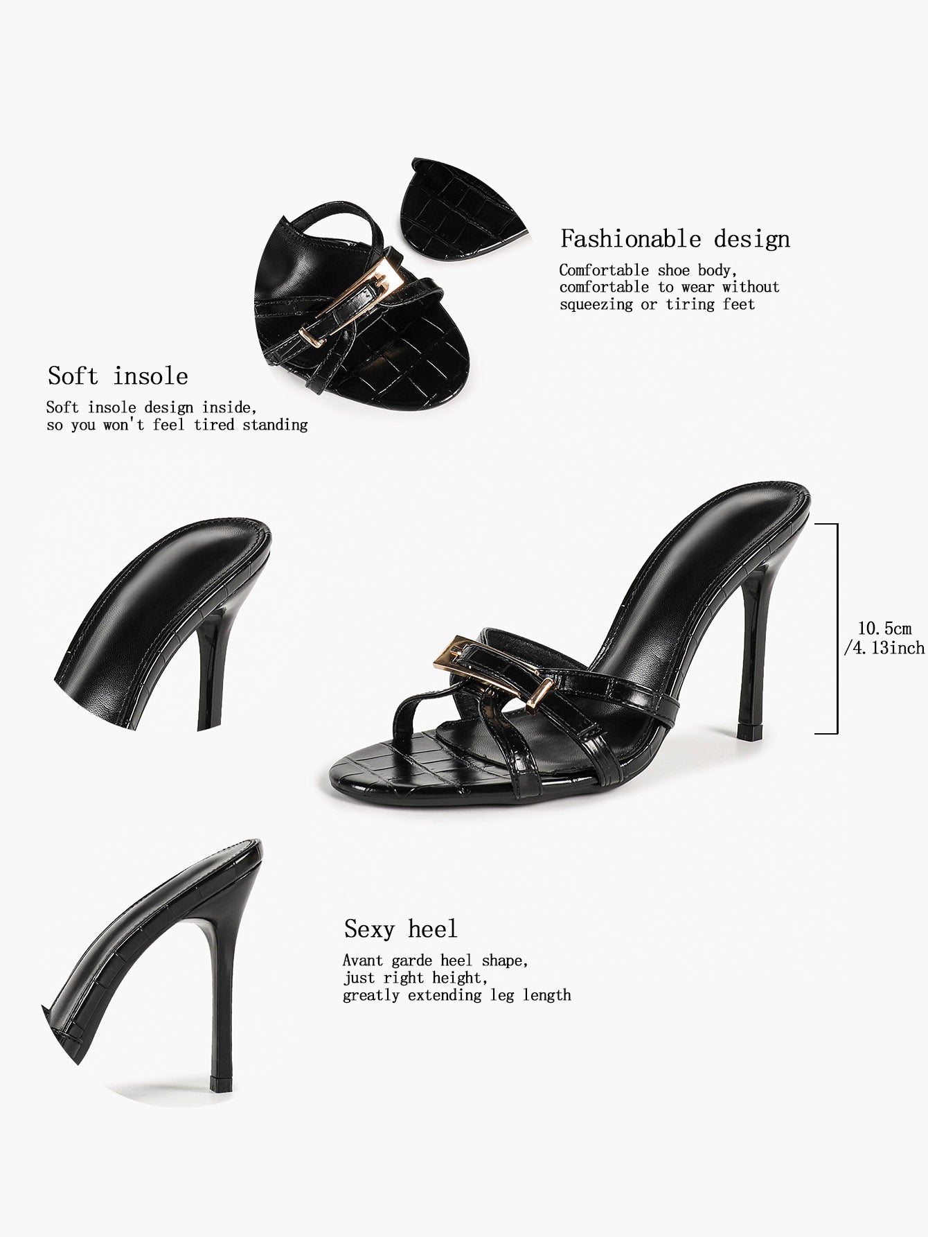 Black Croc-Embossed Patent Leather Strappy Mule Sandals Metal Buckle Detail High Stiletto Heels