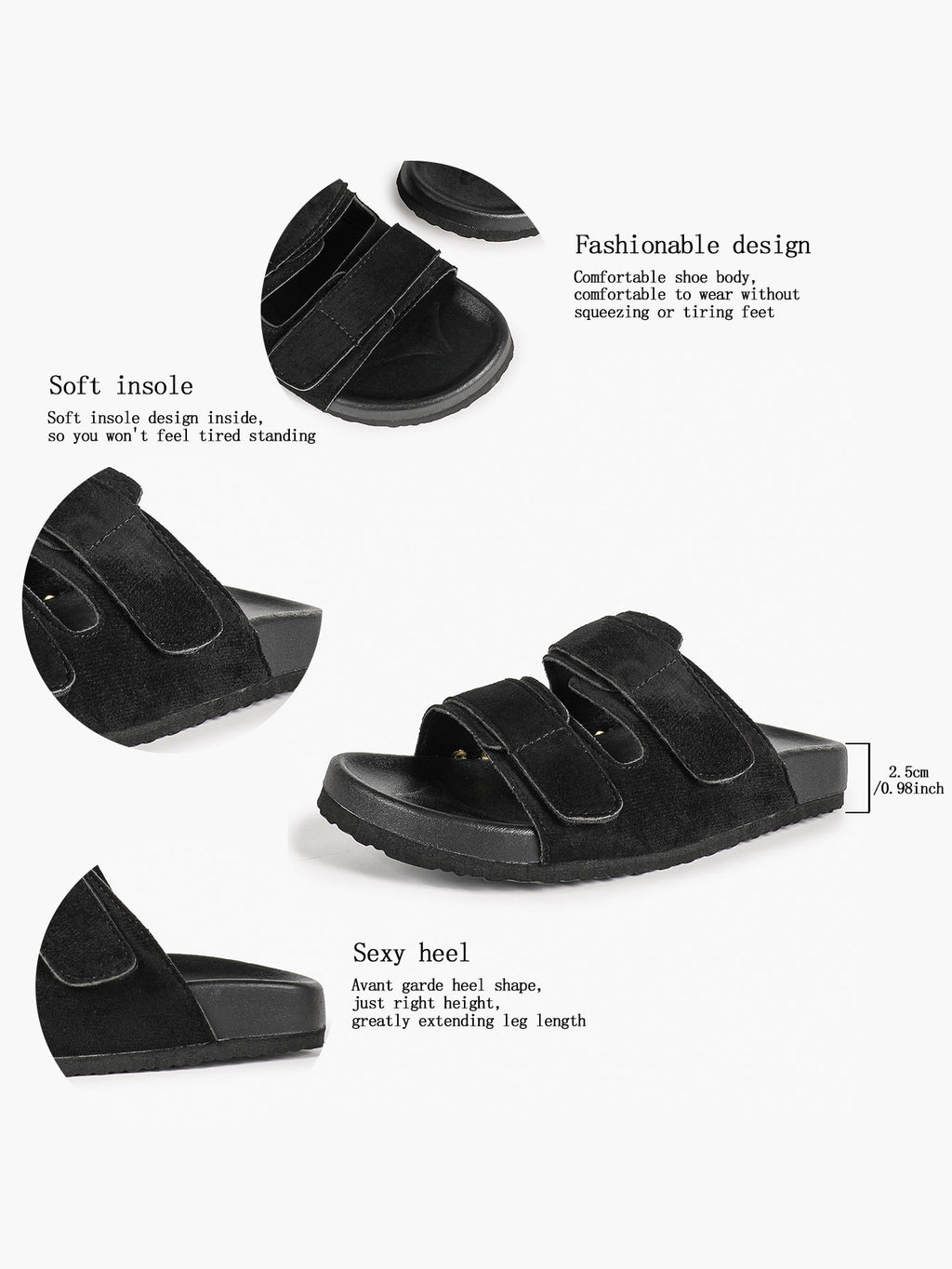 Black Suede Double-Strap Velcro Slide Sandals with Cushioned Footbed