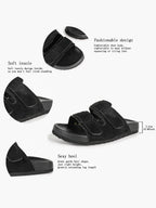 Black Suede Double-Strap Velcro Slide Sandals with Cushioned Footbed