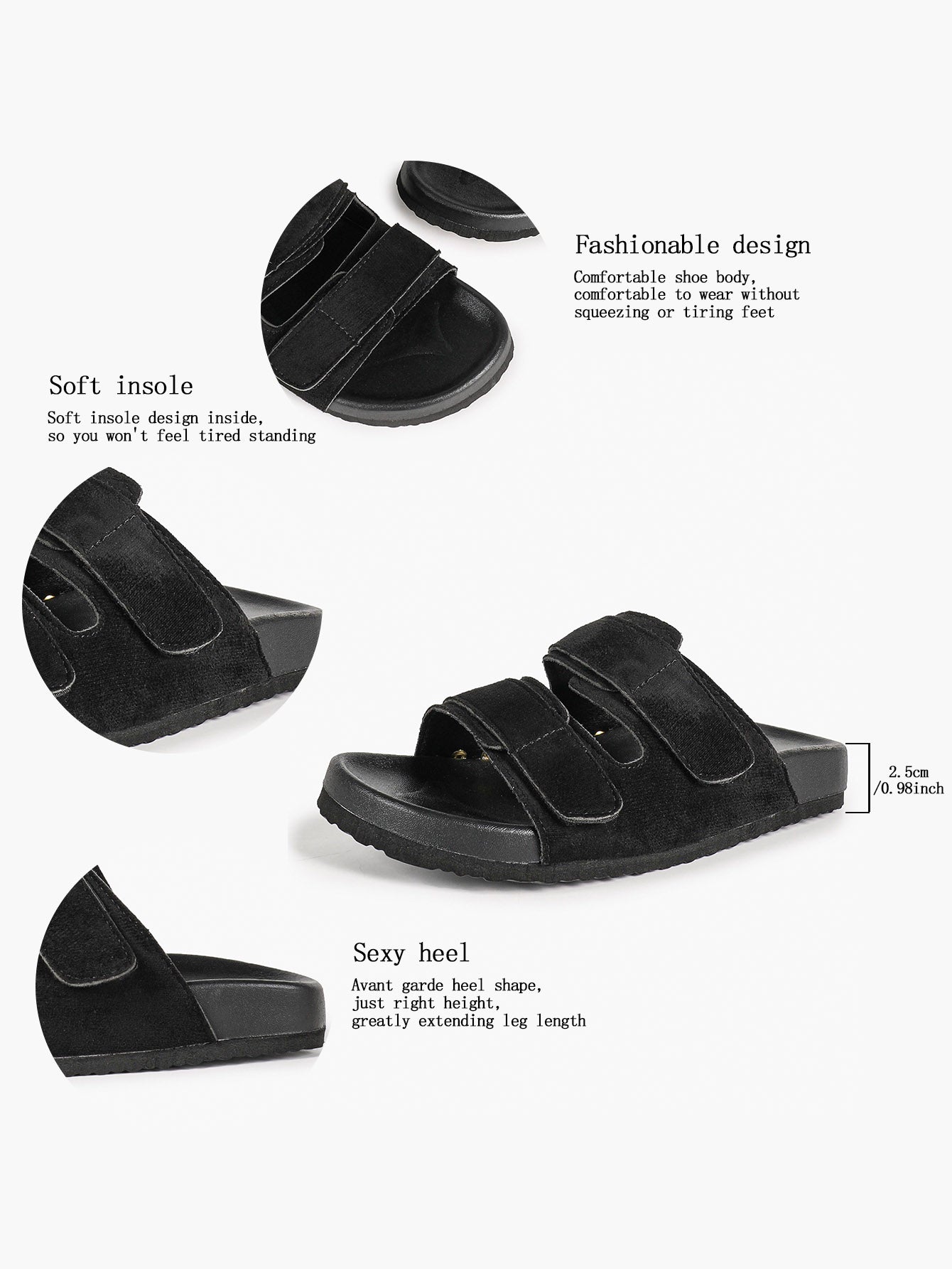Black Suede Double-Strap Velcro Slide Sandals with Cushioned Footbed