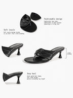 Black Faux Leather Ruched Twist Thong Mule Sandals Kitten Heels Slip-On with Soft Insole