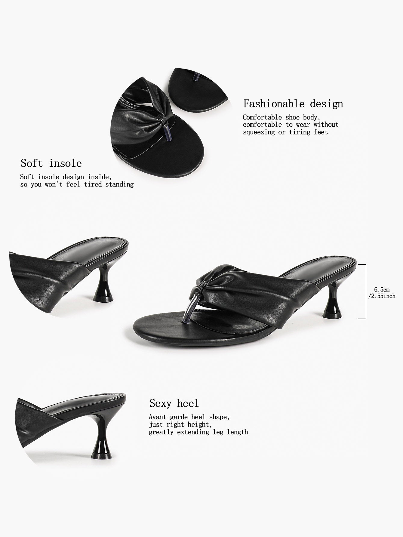 Black Faux Leather Ruched Twist Thong Mule Sandals Kitten Heels Slip-On with Soft Insole