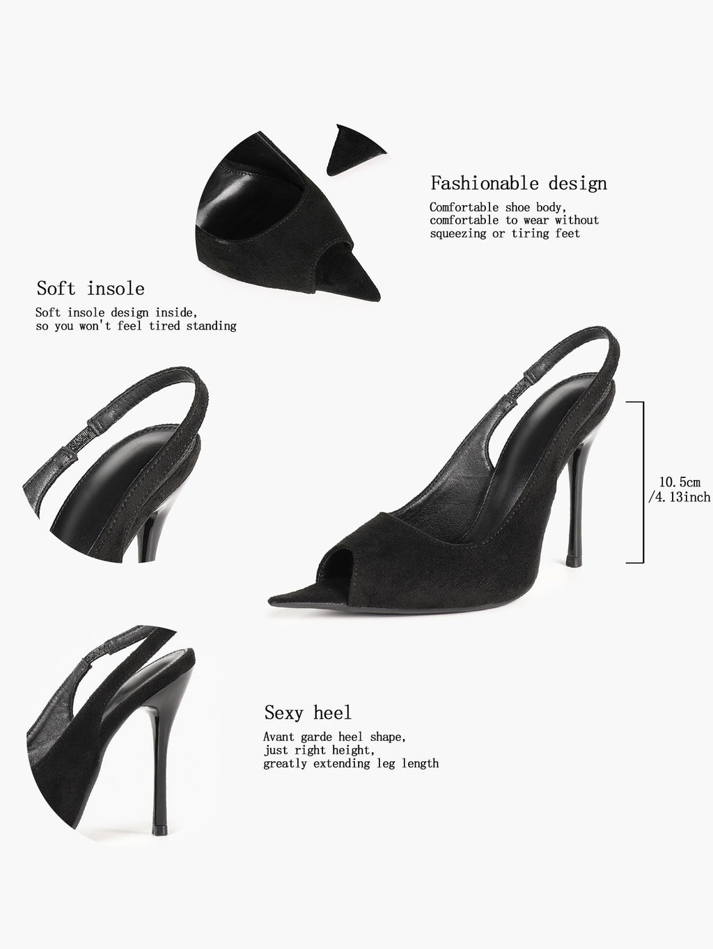 Women's Black Suede Pointed Peep-Toe Slingback Stilettos High Heels with Soft Insole