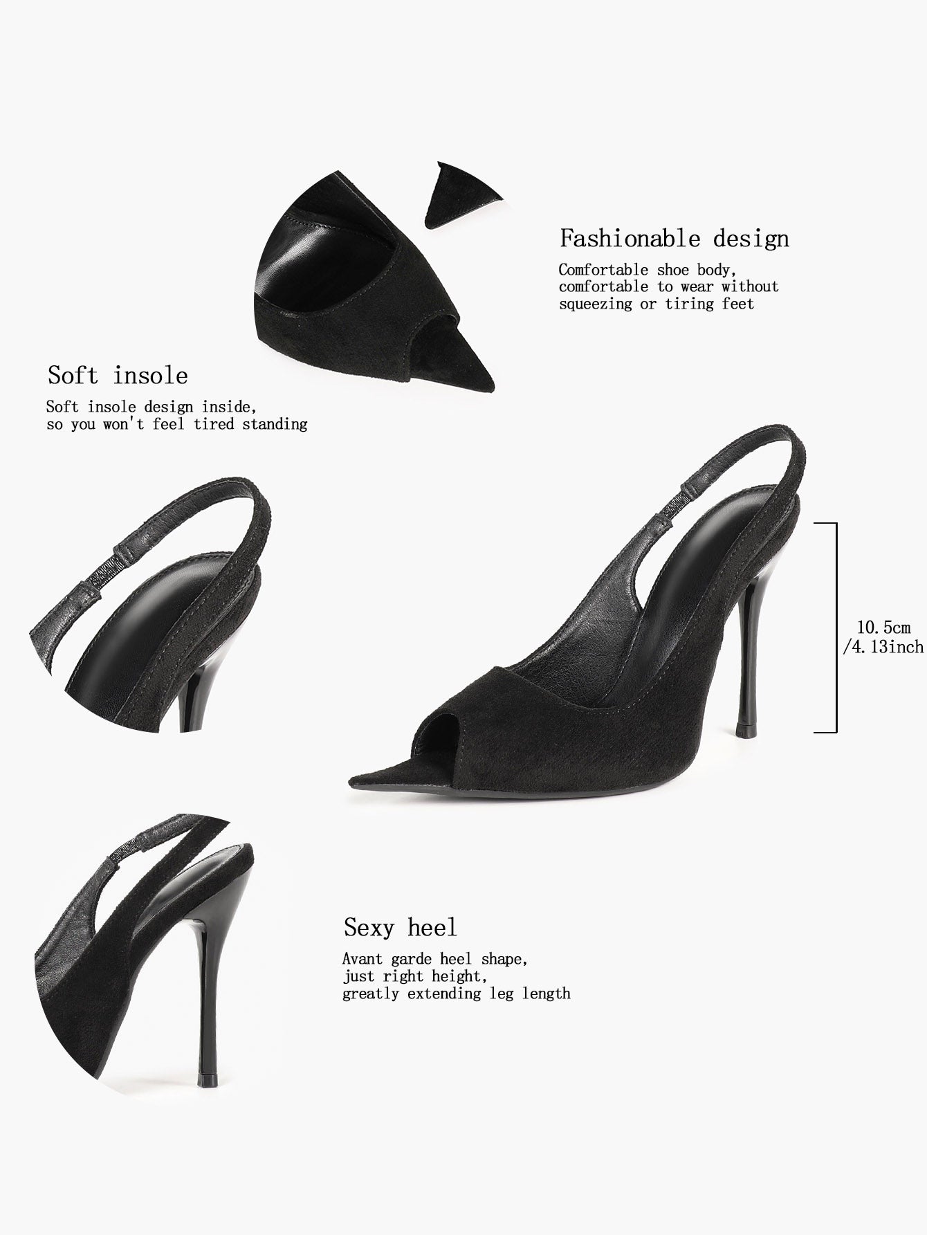 Women's Black Suede Pointed Peep-Toe Slingback Stilettos High Heels with Soft Insole