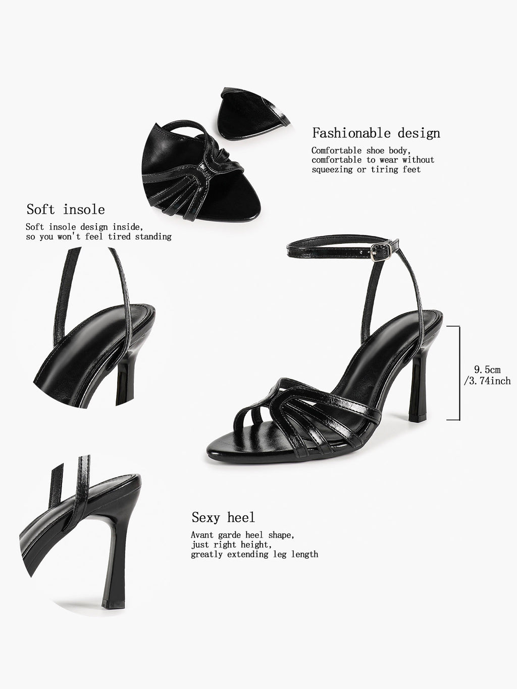 Black Glossy Strappy Open Toe Ankle Strap Sandals Knotted Multi-Band Detail Block Heels
