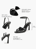 Black Glossy Strappy Open Toe Ankle Strap Sandals Knotted Multi-Band Detail Block Heels