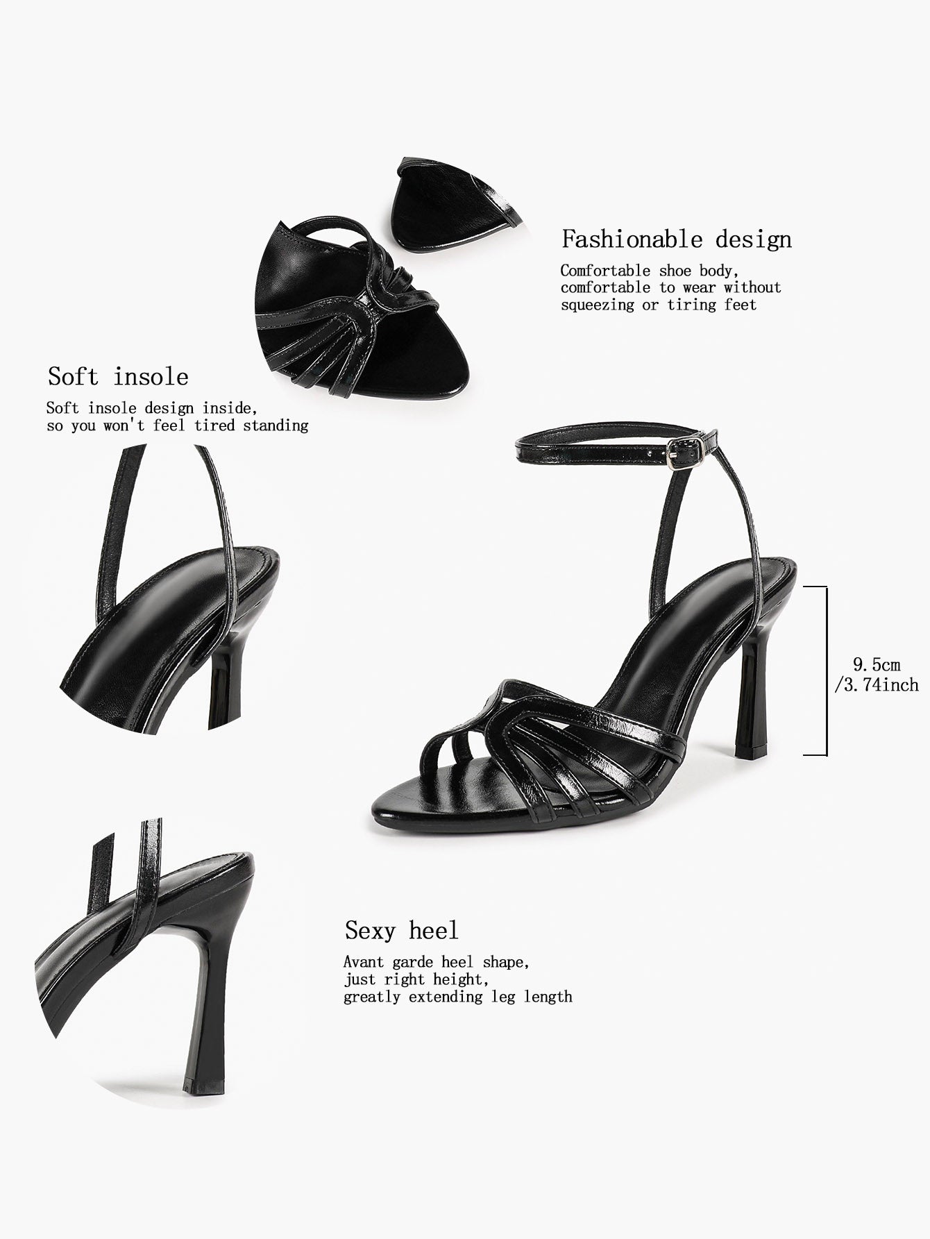 Black Glossy Strappy Open Toe Ankle Strap Sandals Knotted Multi-Band Detail Block Heels