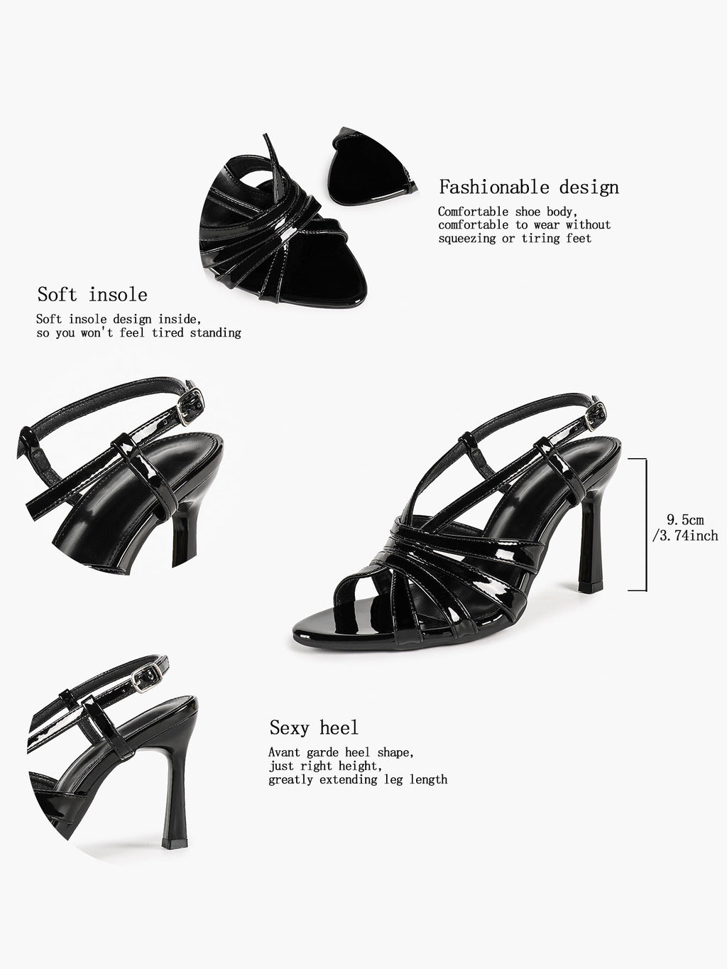 Women's Black Patent Leather Strappy Slingback Sandals Pointed Toe Crisscross Band Block Heels
