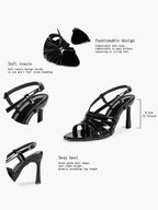 Women's Black Patent Leather Strappy Slingback Sandals Pointed Toe Crisscross Band Block Heels