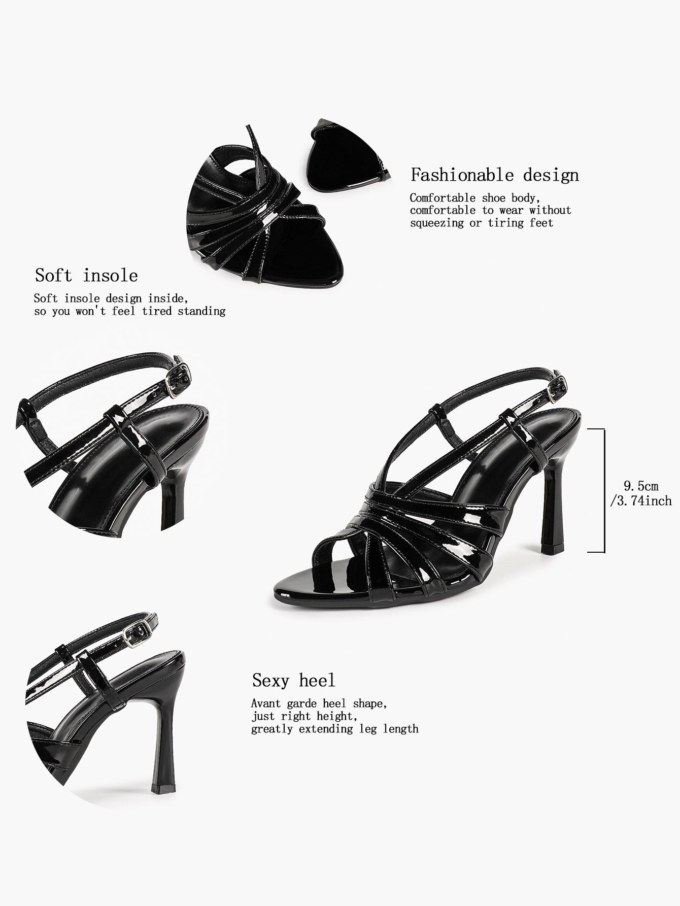 Women's Black Patent Leather Strappy Slingback Sandals Pointed Toe Crisscross Band Block Heels