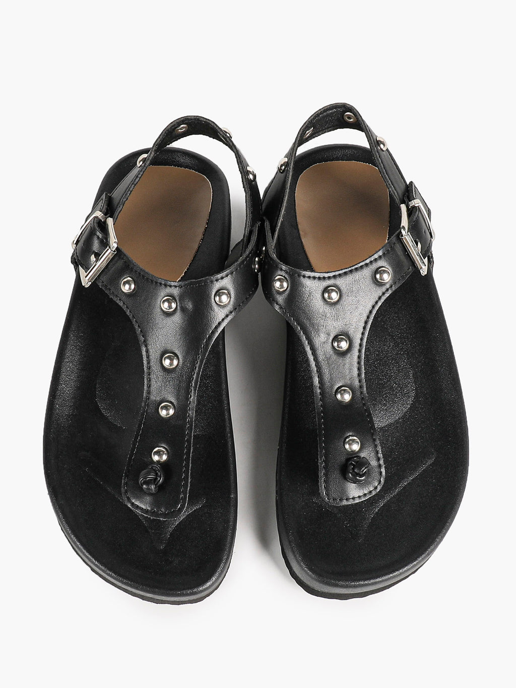 Black Leather T-Strap Sandals with Silver Stud Details and Ankle Buckle