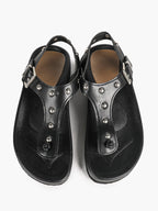 Black Leather T-Strap Sandals with Silver Stud Details and Ankle Buckle