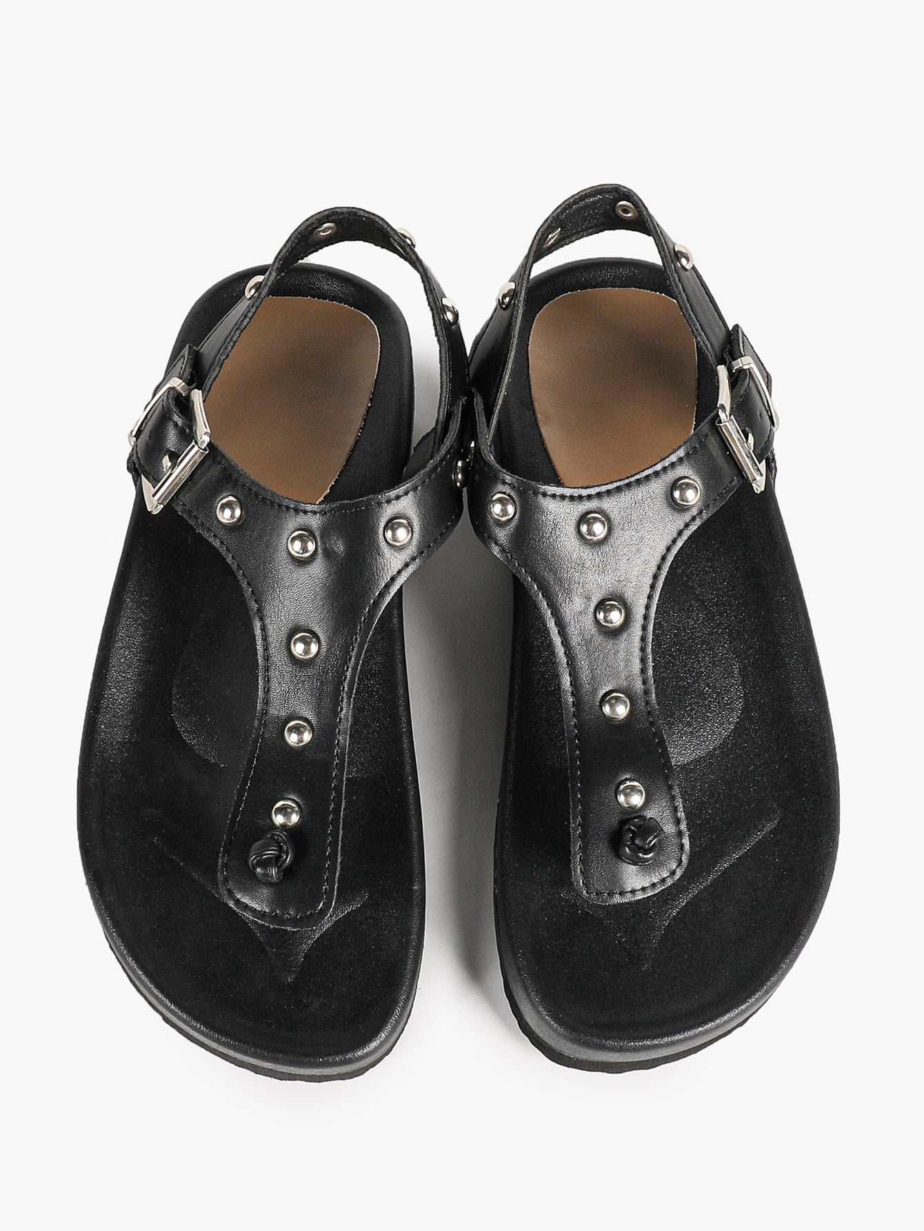 Black Leather T-Strap Sandals with Silver Stud Details and Ankle Buckle