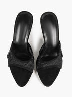 Pink Lace Embroidered Pointed Toe Mule Heels Slip-On Wide Strap Block Heels with Soft Insole