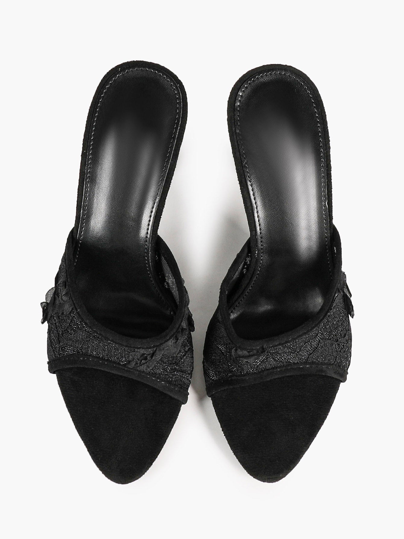 Pink Lace Embroidered Pointed Toe Mule Heels Slip-On Wide Strap Block Heels with Soft Insole