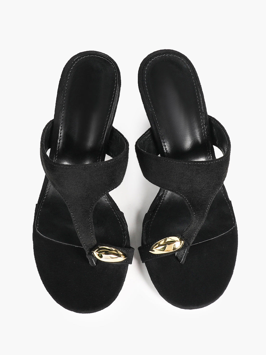 Black Suede T-Strap Thong Mule Sandals Gold Oval Metal Detail Kitten Heels Slip-On Soft Insole