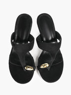 Black Suede T-Strap Thong Mule Sandals Gold Oval Metal Detail Kitten Heels Slip-On Soft Insole