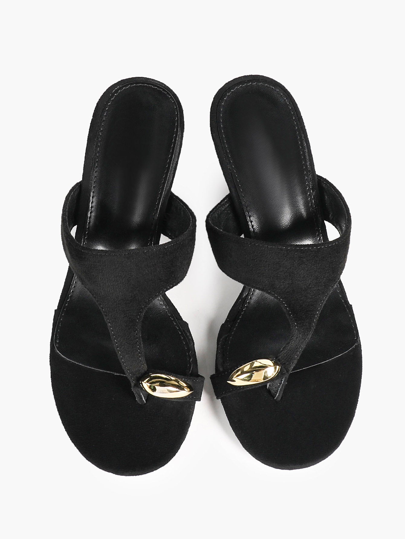 Black Suede T-Strap Thong Mule Sandals Gold Oval Metal Detail Kitten Heels Slip-On Soft Insole