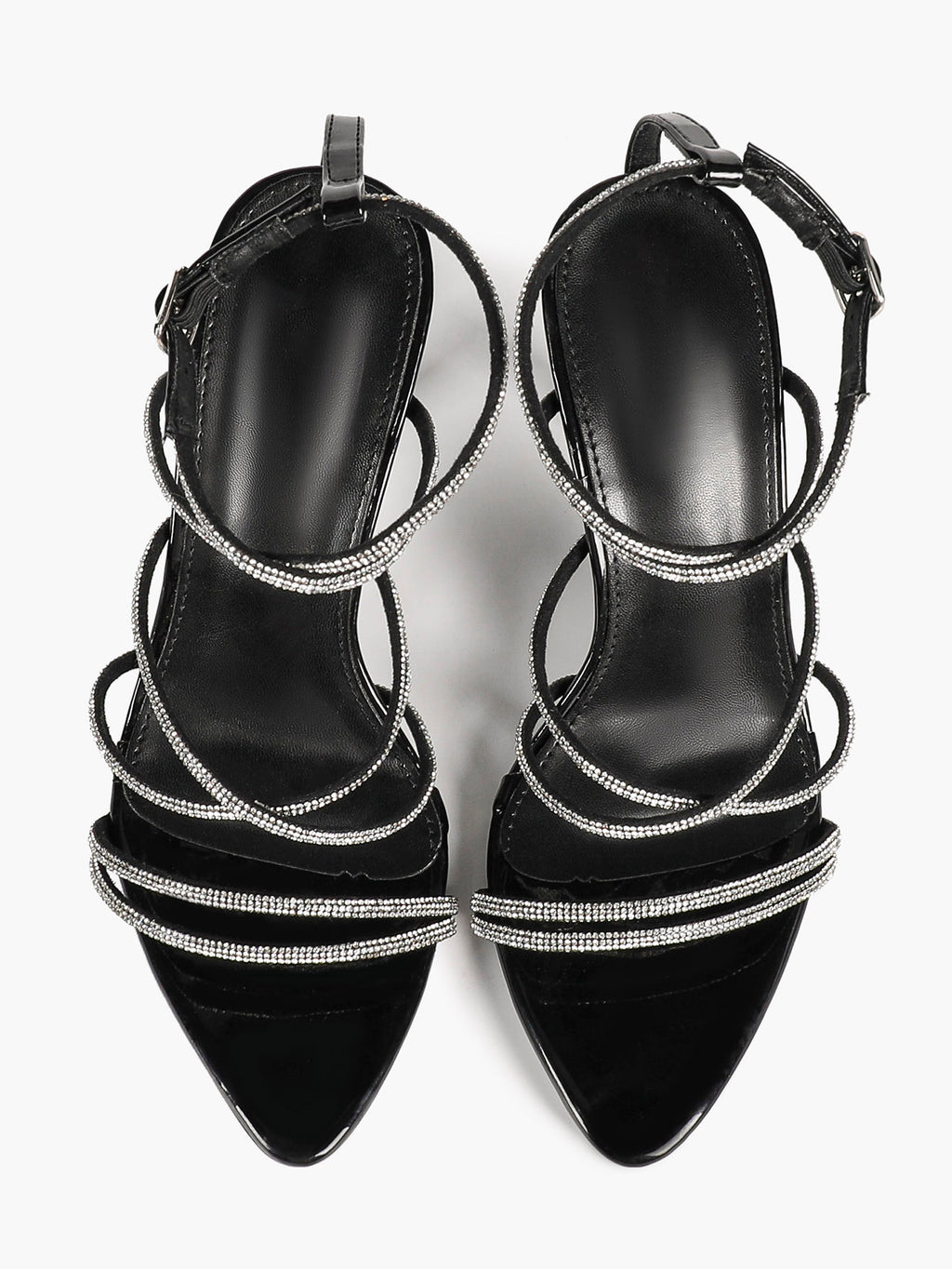 Night Sparkle: Black Patent Crystal Strap Sandals for Unforgettable Evening Glamour