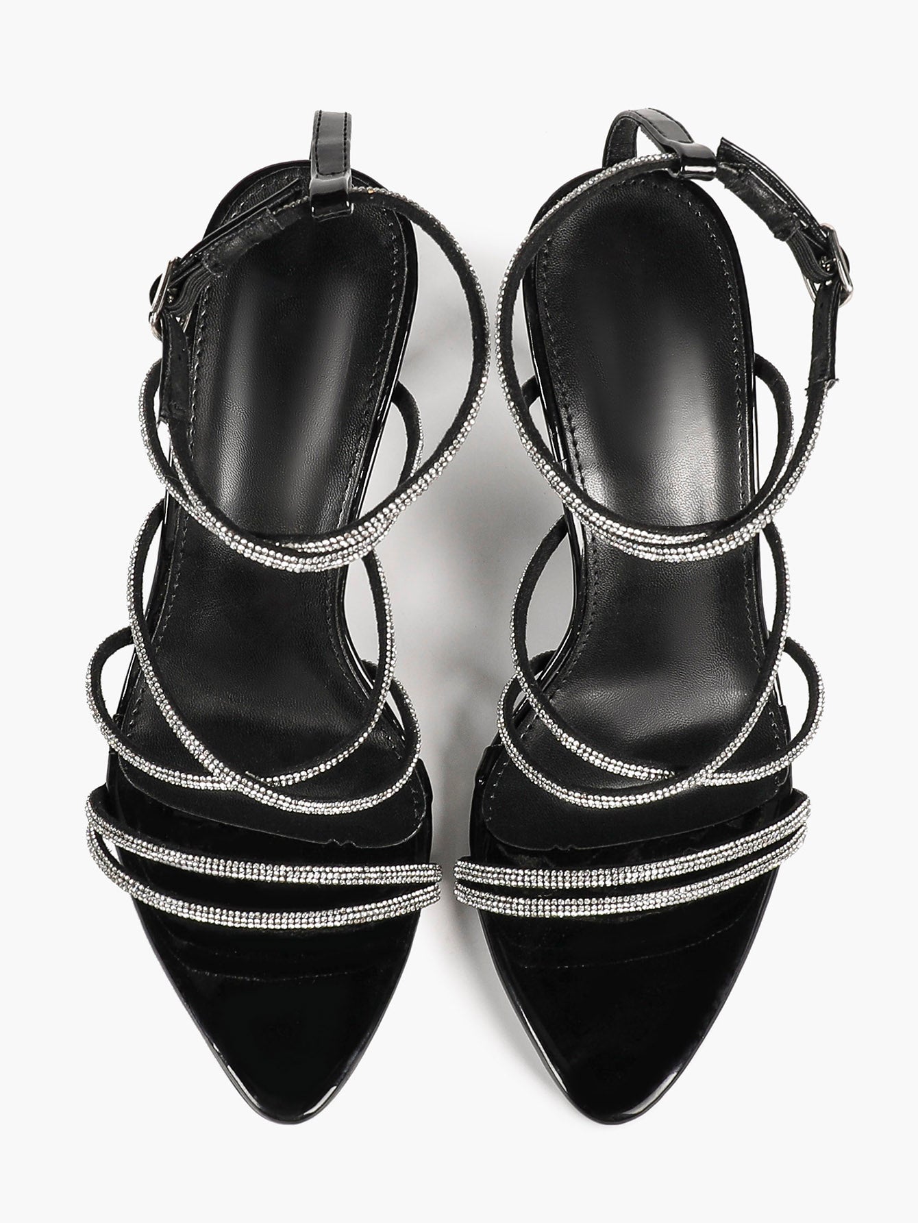 Night Sparkle: Black Patent Crystal Strap Sandals for Unforgettable Evening Glamour