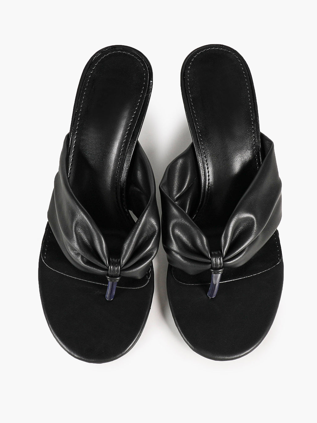 Black Faux Leather Ruched Twist Thong Mule Sandals Kitten Heels Slip-On with Soft Insole