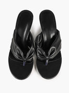 Black Faux Leather Ruched Twist Thong Mule Sandals Kitten Heels Slip-On with Soft Insole